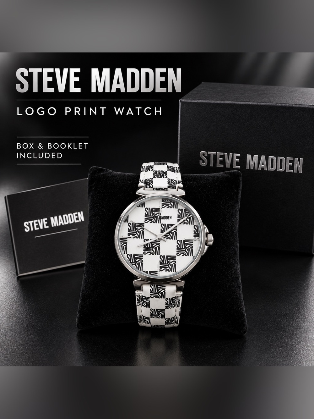 Steve Madden Black White Logo Watch SM-1027BKWT 36mm With Box